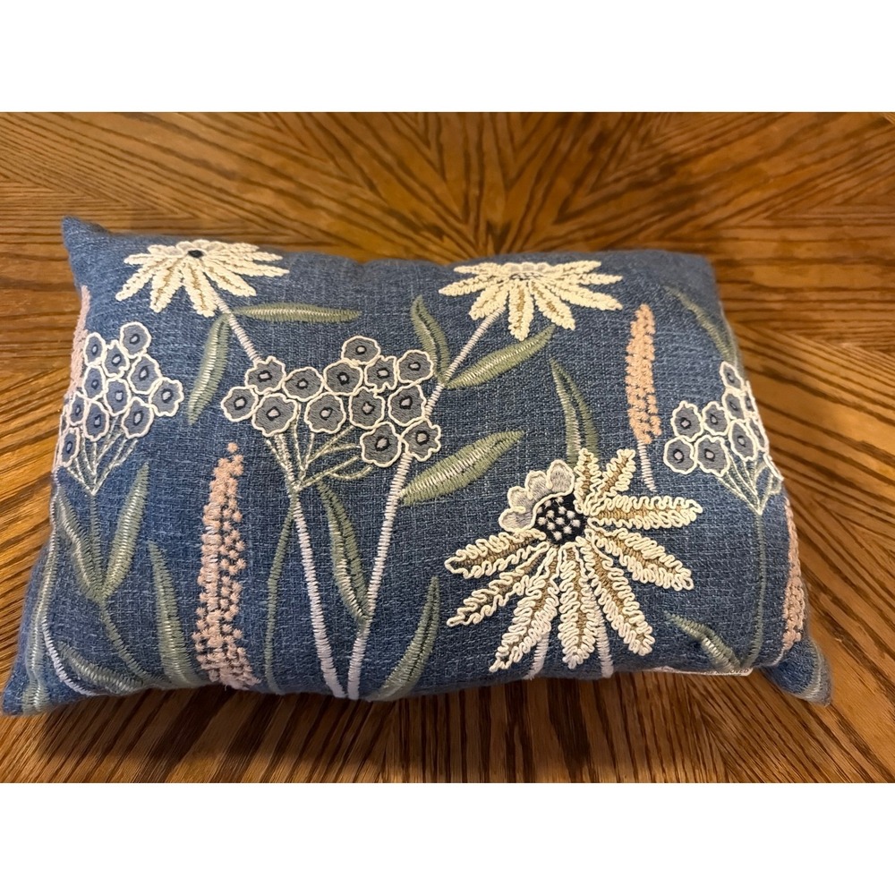 Embroidered Floral Lumbar Pillow Blue Woven Botanical Accent Cushion 12.5x8